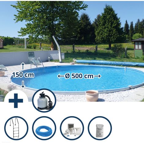 Stahlwandpool Set (10-teilig) tief rund Balearen 500 x 150 cm, Stahl 0,8 mm weiß Folie 0,6 mm blau