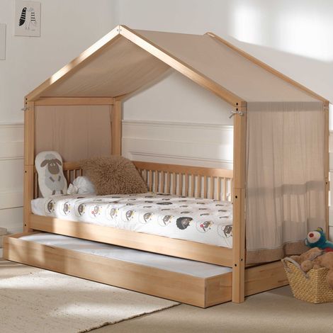 Lit maison Forrest 90x200 avec lit gigogne et tente de lit - bois (1/5)