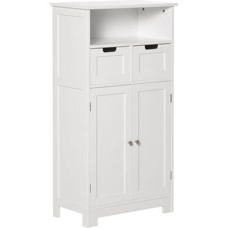 Meuble de salle de bain, meuble de rangement avec 2 tiroirs, niche, placard avec porte, étagère réglable, armoire de salle de bain, cuisine, salon, 60 x 30 x 109 cm, blanc