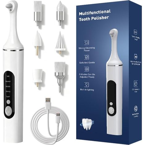 Kit de blanchiment des dents, détartreur avec 5 têtes, polisseuse avec 5 modes pour le nettoyage des dents et le blanchiment des dents, pour polir après le nettoyage des dents (1/5)