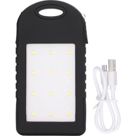 Power Bank Solaire 5000mAh avec Lampe Torche 12 LED pour Randonnée Camping Pêche - Noir (1/5)