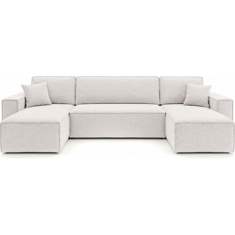 Canapé panoramique d'angle FARAH convertible avec rangement en tissu - Blanc (1/5)