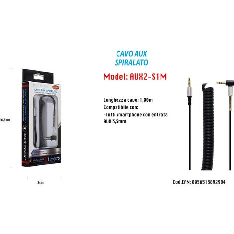 TRADE SHOP - Cavo Audio Stereo Aux Spiralato 3,5mm Angolo Retto Smartphone 1mt Maxtech Aux2-s1m -
