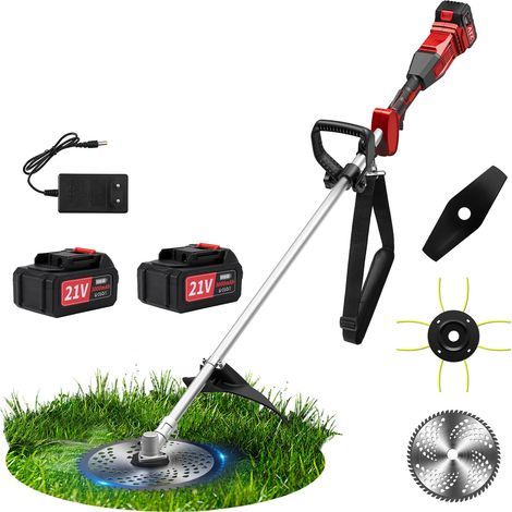 Débroussailleuse sans fil Coupe-bordures, 2 Batteries 21V 3Ah, Chargeur, 3 Lames, Moteur sans balais, Harnais inclus