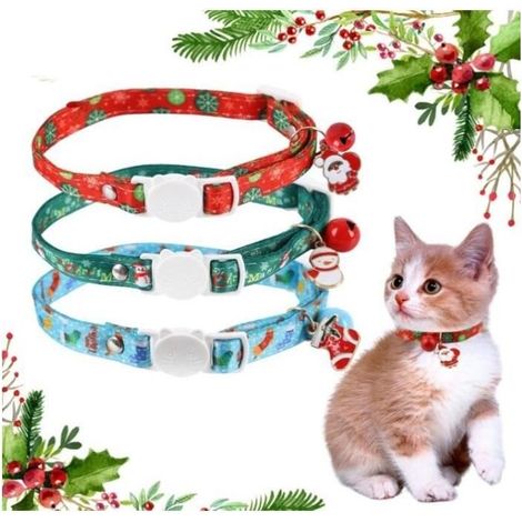 Collier de chat - Noël - 3 pièces - Rouge, Bleu, Vert - Avec cloche et pendentif - Ajustable (1/4)
