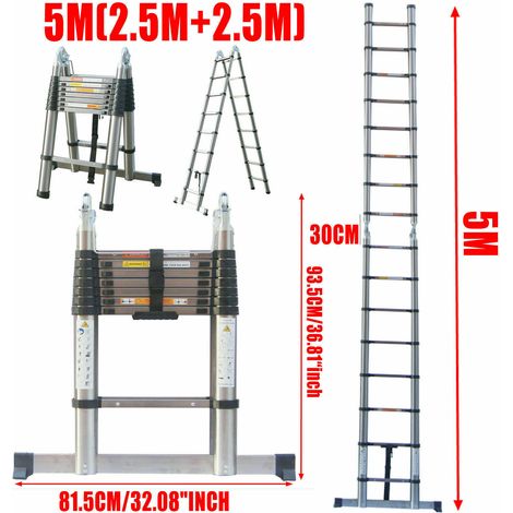 Teleskopleiter 5m Höhe Klappbar mit Stabilisator, Rutschfester Klappleiter Stehleiter Mehrzweckleiter aus hochwertiges Edelstahl, Maximale Belastung 150 kg (2,5+2,5m)A-FRAME 16.5FT (1/5)