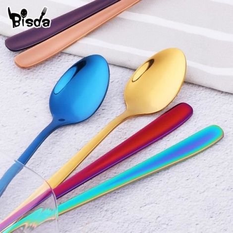 Couverts,Cuillères à café glaces à Long manche En acier inoxydable, cuillère à Dessert en or, outils - Type Rainbow Red 2pcs (1/4)