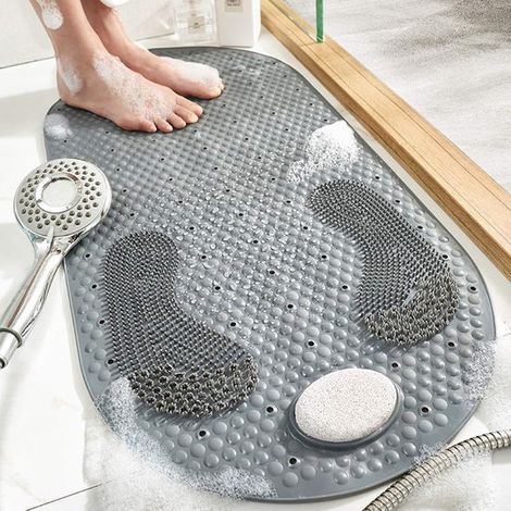 Tapis de bain antidérapant, tapis de douche ovale avec ventouses antidérapantes et trous de drainage, 80 x 40 cm, gris (1/5)