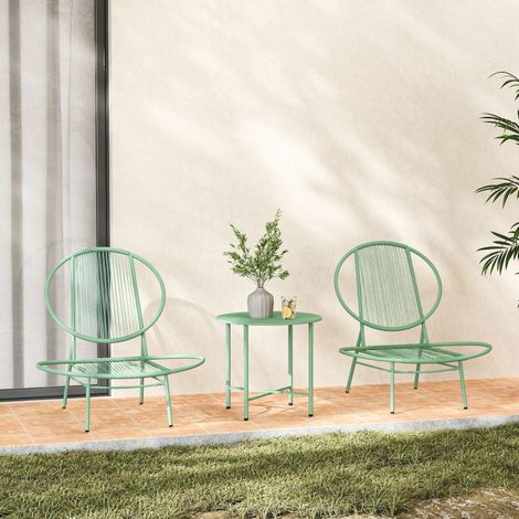 Ensemble de bistrot 3 pièces en acier, résistant aux intempéries. Chaises ergonomiques en forme de coquillage, idéal pour balcon et jardin. Vert.
