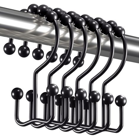 Anneaux de fixation noirs pour rideau de douche, crochets de douche doubles coulissants en métal antirouille pour barres et rideaux de douche, lot de 12 crochets - Noir mat (1/5)