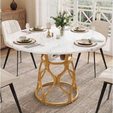 Mesa de comedor redonda 100 x 100 x 75 cm con estante, MDF blanco y dorado (1/5)
