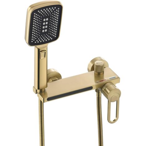 Robinet de Baignoire avec Douchette Mitigeur Douche Or Brossé, Mitigeur Cascade Baignoire Robinet Bain Douche Mural en Laiton (1/5)