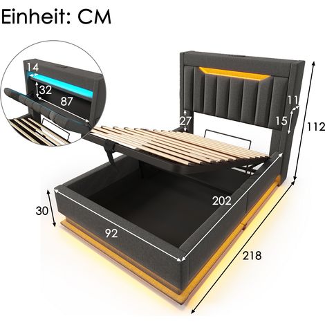 Lit simple rembourré de 90x200 cm, tête de lit de rangement avec ports USB et Type C, éclairage LED à la tête et au pied du lit, rangement hydraulique, gris, en lin et matelas. (1/5)