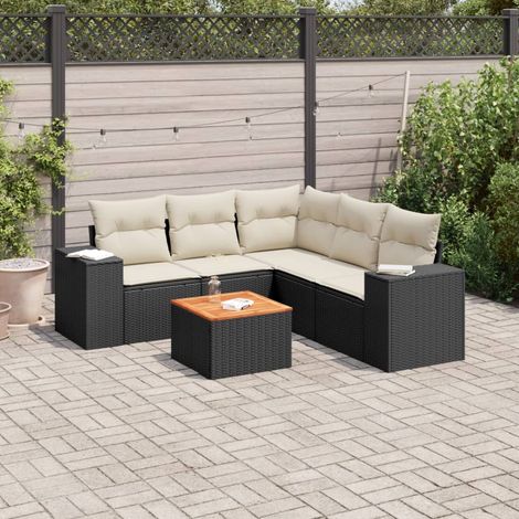 Ensemble de canapé de jardin 6 pièces avec coussins, en polyrotin noir