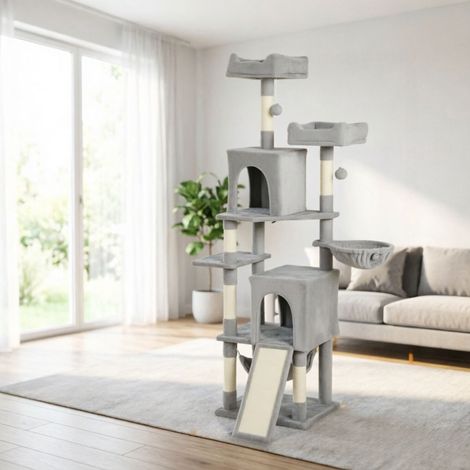 Torre rascador para gatos, 3 plataformas, 2 nichos, 2 camas, 2 hamacas, 1 escalón, altura total 177 cm. (1/5)