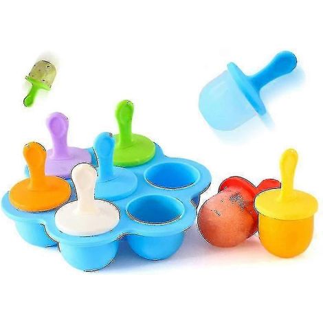 Moule à mini-sucettes glacées en silicone, bac à glaçons à 7 cavités pour conserver les aliments pour bébé (bleu) (1/3)