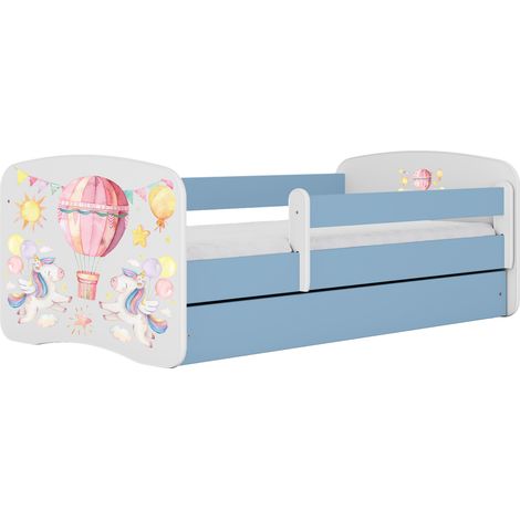 Lit enfant 70 x 140 cm avec tiroir et barrière, avec matelas, bleu motif ballon (1/4)