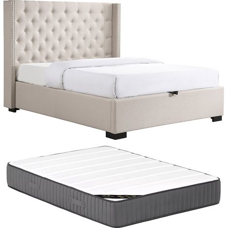 Lit coffre 200 x 200 cm avec tête de lit capitonnée - Tissu - Beige + Matelas - MASSIMO