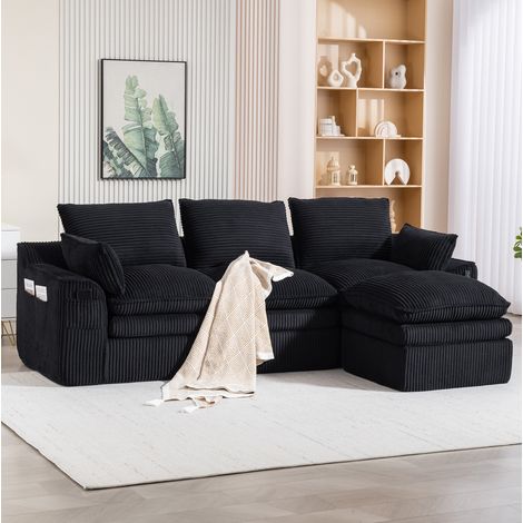 Canapé modulaire 3 places avec pouf 263x167x85 cm noir en velours côtelé avec poches latérales et coussins (1/5)
