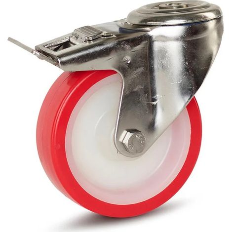 Roulette pivotante freinée - MESO - PU inox - Trou central - 100mm - 180kg