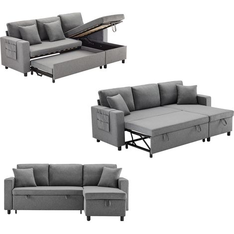 Sofá cama en L con chaise longue reversible, arcón y bolsillos 219,5x142,5 cm gris oscuro (1/5)