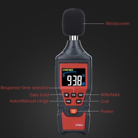 Sonomètre numérique ST6824, détecteur audio, mesureur de bruit (décibelmètre), plage automatique/manuelle, 30-130 dB, outil de mesure, sans pile (1/5)