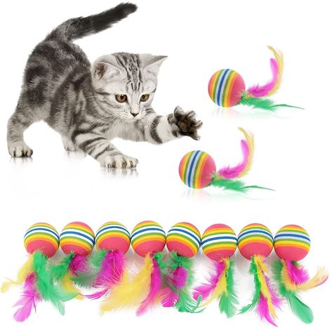 Lot de 10 balles à plumes pour chat arc-en-ciel, jouets interactifs pour chatons, balles colorées pour l'entraînement et la mastication des chatons d'intérieur.