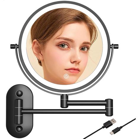 Miroir Grossissant Lumineux De 8" avec LED Grossissant Lumineux Mural X 10 pour Coiffeuse D'hôtel, Salle De Bain Et Rasage Rechargeable par USB,Miroir Mural Salle De Bain (noir-10X) (1/5)