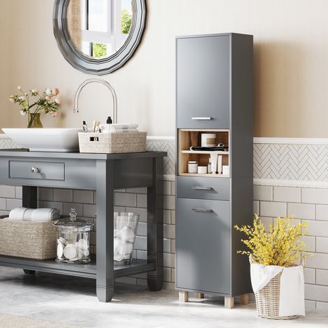 Colonne de salle d'eau grise, armoire de rangement avec 2 battants, 1 tiroir et 2 tablettes ouvertes (1/5)