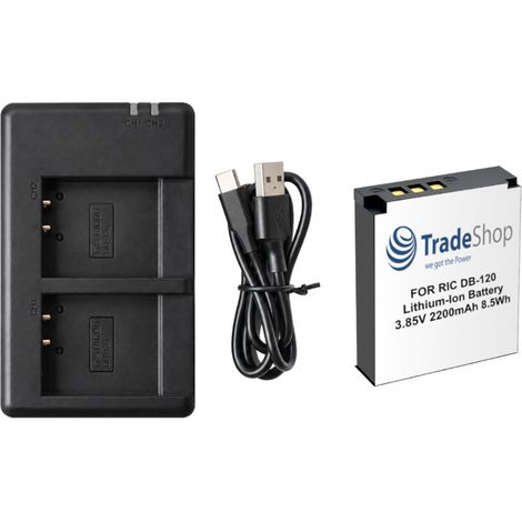 Trade-Shop 2in1 Set: Akku 2200mAh + USB-C Dual LED Ladegerät kompatibel mit Ricoh GR IV GR4 Monochrom HDF, DB-120, 35302, BJ-12 / Digitalkamera (1/5)