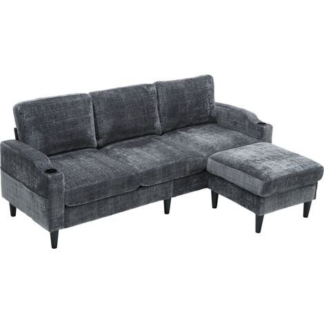 CHICFURN Sofá de 4 plazas 196,5 x 75 x 77 cm en chenilla gris con puf y almacenaje (1/5)