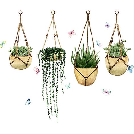 Autocollant Mur - Papillon Et Plante Verte En Pot - PVC Électrostatique Pour Vitre Fenêtre - 54 x 23 cm - 1 Pièce (1/5)