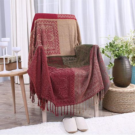 Chenille throw, tribal pattern, retro style, jacquard, tassels, for sofa, bed, couch, soft chair (retro red, 221 x 251.5 cm) (1/5)