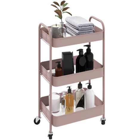 Desserte chariot de rangement en acier chariot de service à roulettes 3 plateaux ajourés 45 x 30.6 x 79 cm rose (1/5)