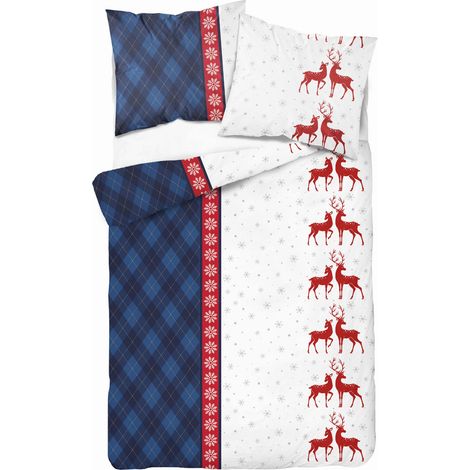 Set di biancheria da letto in flanella 140x200 CHRISTMAS RENDEER a quadri blu (1/4)