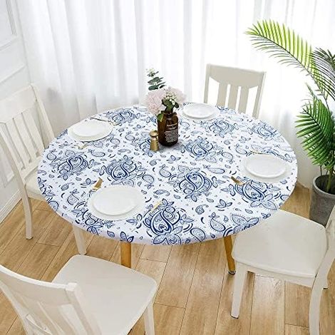 Nappes rondes élastiques pour l'extérieur, imperméables, résistantes à l'huile, couvre-lits, cuisine de fête (rond de 24 pouces, bleu F) (1/5)