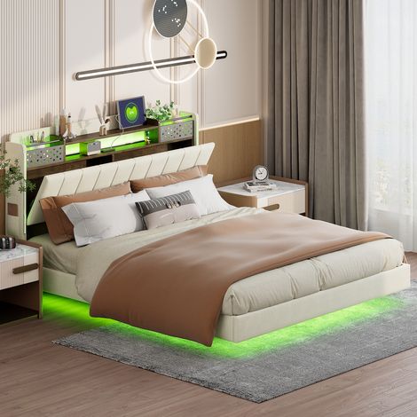 Cama tapizada 160/200 cm beige de lino con LED, USB y cabecero con almacenaje (1/5)