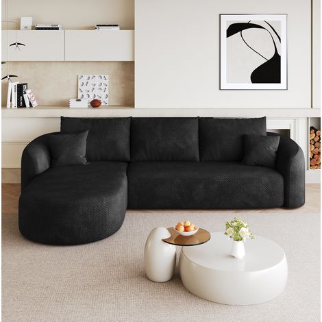 Canapé d’angle en L 266 cm, tissu noir, sans montage, mousse, OKWISH (1/5)