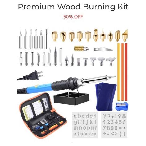 Kit de pyrogravure 60W – Température réglable 200-450℃ – 30 embouts pour gravure et découpe cuir – Poignée ergonomique (1/5)