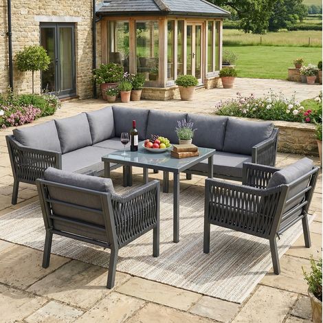 Sofá jardín rinconera con mesa y sillones gris OKMYHOME (1/5)