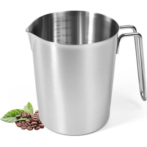 Vaso medidor de acero inoxidable 304 de 1 litro – Graduaciones precisas de 100 a 1000 ml – Boquilla antigoteo + Mango ergonómico – Para cocinar, hornear y preparar café con leche – Apto para lavavajil (1/5)