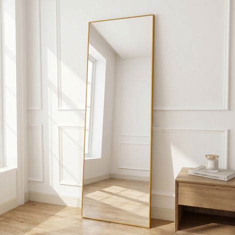 Miroir sur Pied 177x77 cm, Miroir de Sol rectangulaire Pleine Longueur, cadre fin, Verre incassable pour sécurité pour Salle de Bain, Chambre, Entrée (Doré) (1/5)