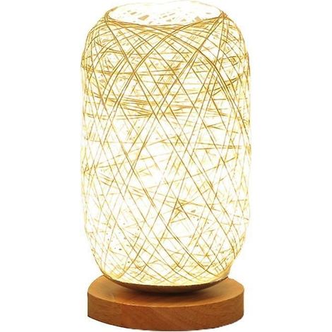 Lampe de table boule en rotin recouvert de bois massif, rechargeable par USB, veilleuse idéale pour l'éclairage de la chambre. (Jaune) (1 pièce) (1/5)