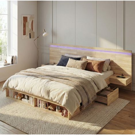 letto contenitore 180x200 con comodini LED USB naturale HAVRYA (1/5)