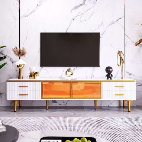 Meuble tv 170x40x50, design marbre moderne avec 4 tiroirs et portes en verre sécuritif meuble tv avec rangement (1/5)