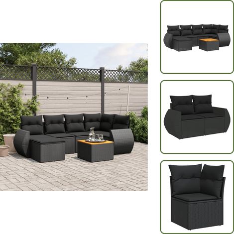 Salon de jardin 7 pcs avec coussins noir résine tressée - Salon De Jardin - Meuble Extérieur - Set Salon - Résine Tressée - Acacia (1/5)