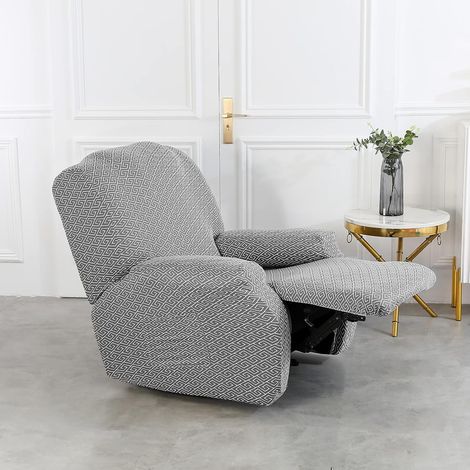 Set of 4 printed knit recliner chair covers, reclining sofa cover with side pockets and elasticated bottom for bedroom, living room, office, hotel (06 grey) (1/5)