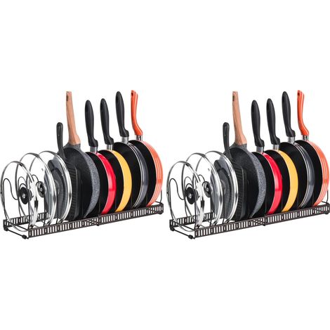 Lot de 2 Porte-casseroles Support en Acier Inoxydable rangement cuisine avec 10 Compartiments Réglables Parfaite pour Les Ustensiles de Cuisines Poêles, Casseroles, Couvercles (Noir) (1/5)