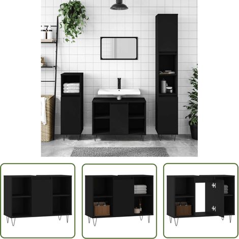 The Living Store Armoire de salle de bain noir 80x33x60 cm bois d'ingénierie - Meuble De Salle De Bain - Armoire De Salle De Bain - Rangement Salle De Bain - Commode Salle De Bain - Design Industriel (1/5)