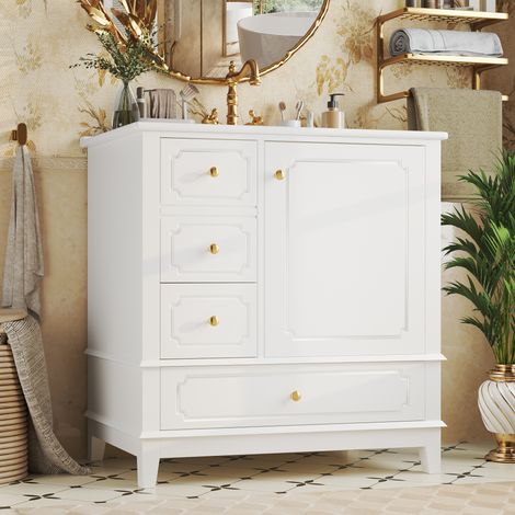 Meuble sous Vasque 76,5 cm Blanc avec Vasque Céramique Antibactérienne, Poignées Dorées et Rangement (1/5)